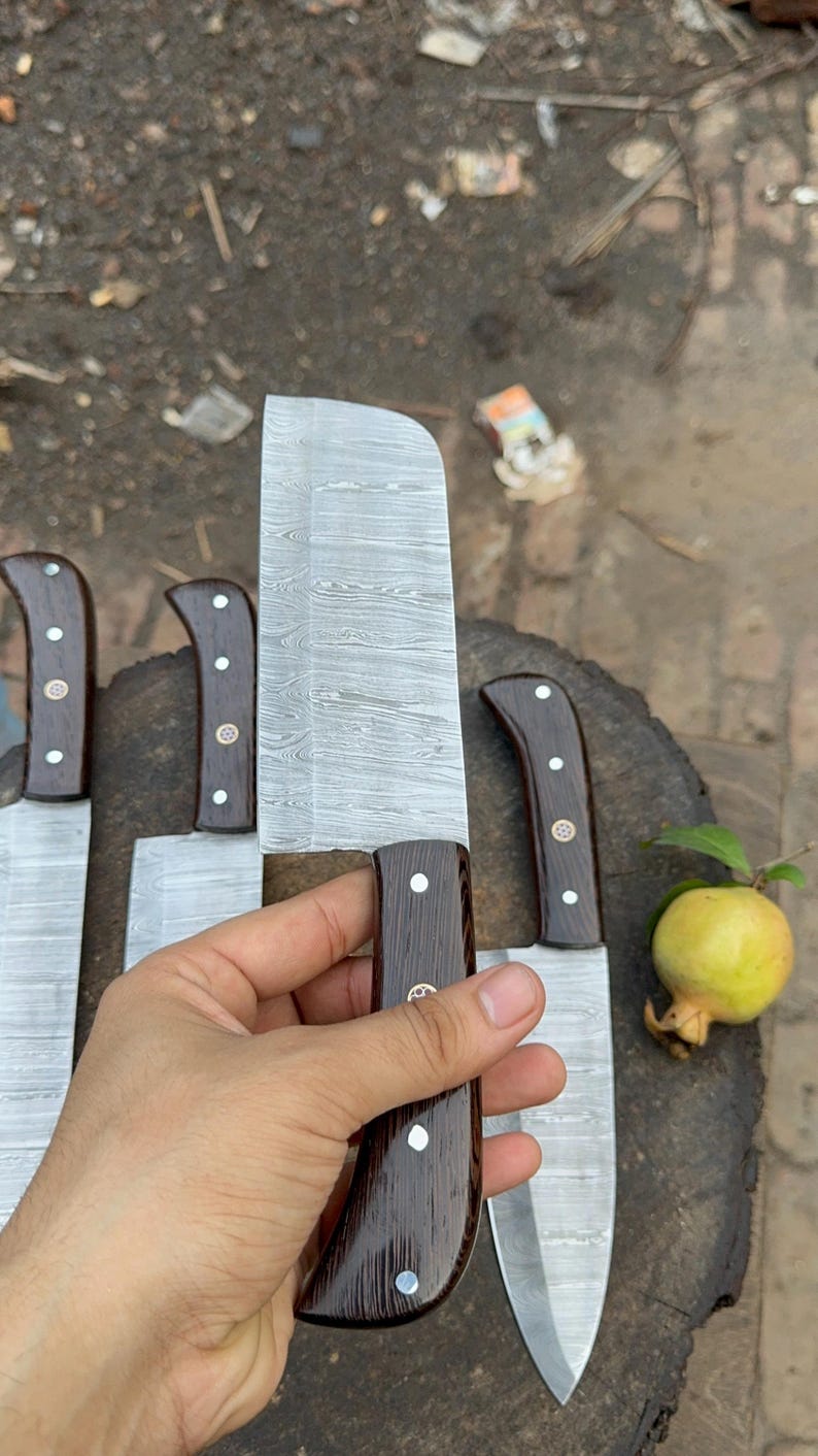 Handmade Damascus Steel Kitchen Knife Set, Wenge Wood Handles, 4-Piece Chef Bread Knives