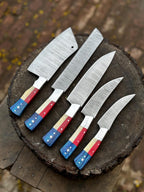 Handmade Damascus Steel Chef Knife Set – American Flag Resin Handles, Professional Kitchen Knives
