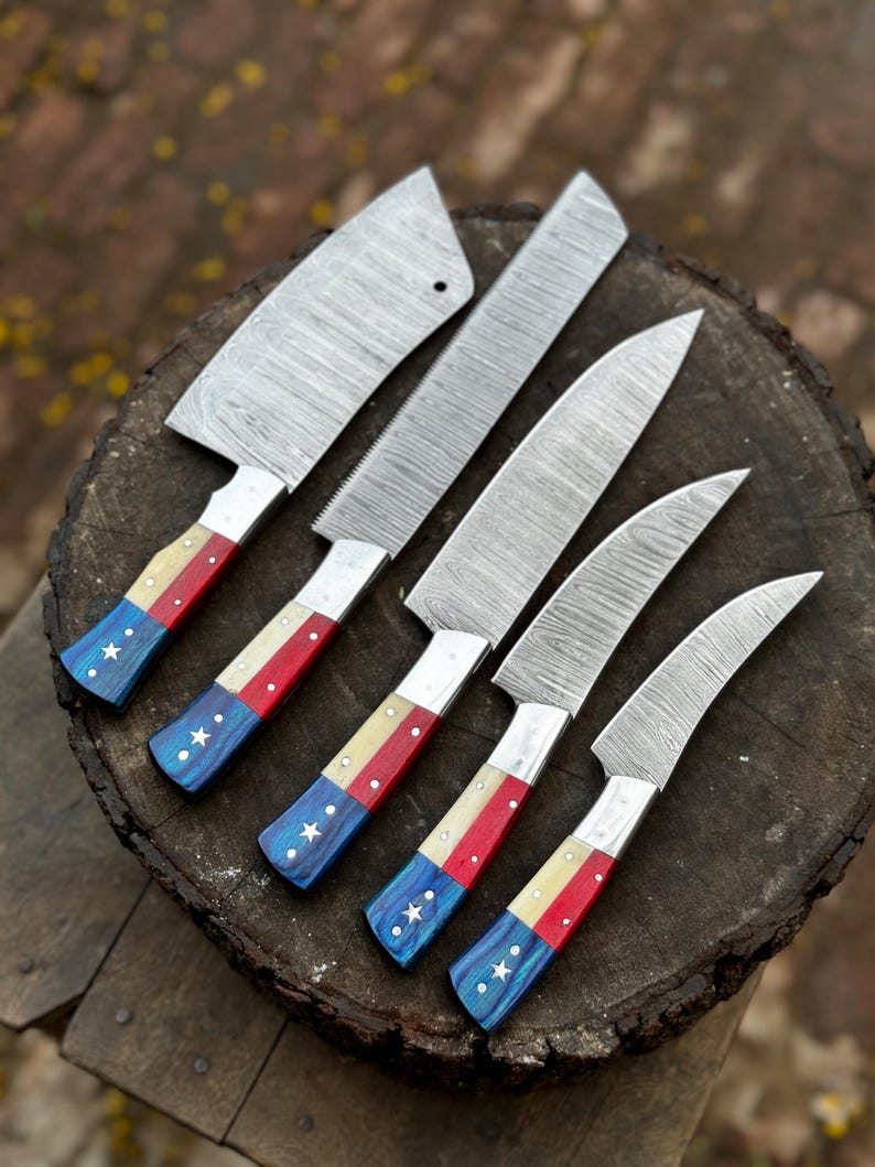 Handmade Damascus Steel Chef Knife Set – American Flag Resin Handles, Professional Kitchen Knives