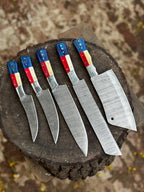 Handmade Damascus Steel Chef Knife Set – American Flag Resin Handles, Professional Kitchen Knives