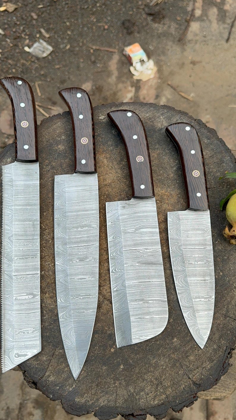 Handmade Damascus Steel Kitchen Knife Set, Wenge Wood Handles, 4-Piece Chef Bread Knives