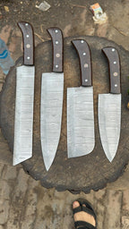 Handmade Damascus Steel Kitchen Knife Set, Wenge Wood Handles, 4-Piece Chef Bread Knives