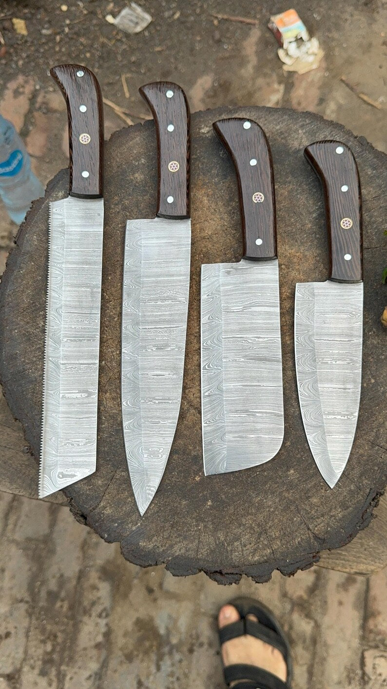 Handmade Damascus Steel Kitchen Knife Set, Wenge Wood Handles, 4-Piece Chef Bread Knives