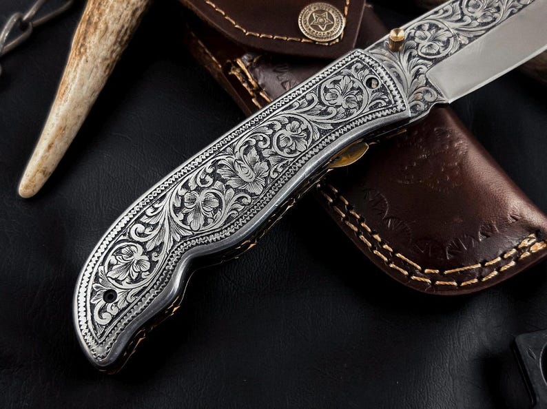Hand Engraved Folding Knife: D2 Steel Blade, Brass Handle