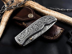 Hand Engraved Folding Knife: D2 Steel Blade, Brass Handle