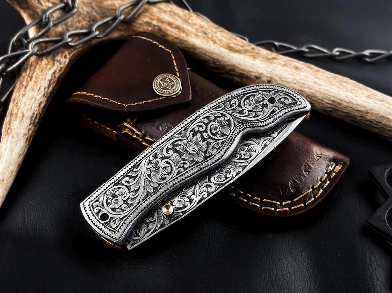 Hand Engraved Folding Knife: D2 Steel Blade, Brass Handle