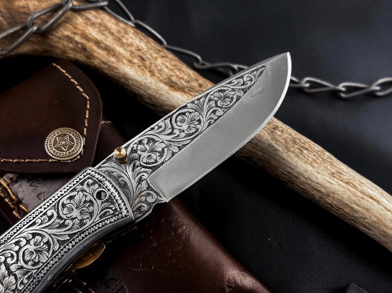 Hand Engraved Folding Knife: D2 Steel Blade, Brass Handle