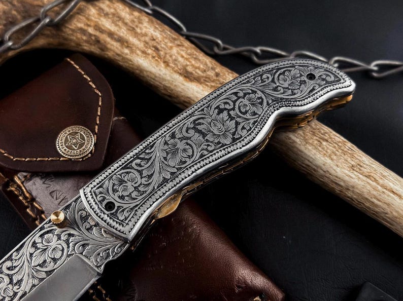 Hand Engraved Folding Knife: D2 Steel Blade, Brass Handle