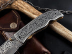 Hand Engraved Folding Knife: D2 Steel Blade, Brass Handle