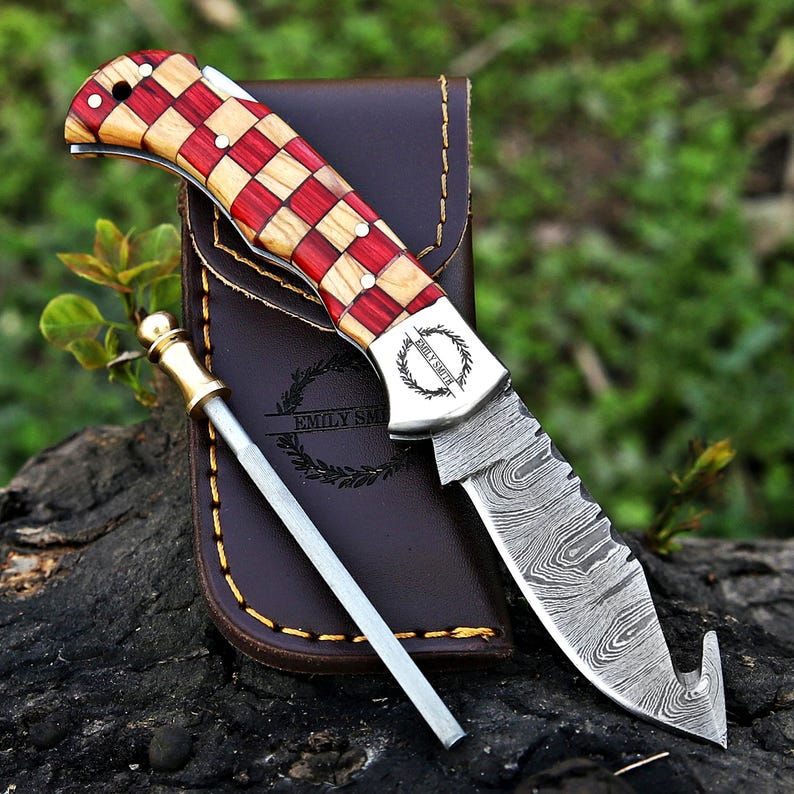 Personalized Handmade Damascus Pocket Knife, Camping gift for Husband, Groomsmen Gifts Anniversary Gift for Him, Dad, Custom Men Gifts