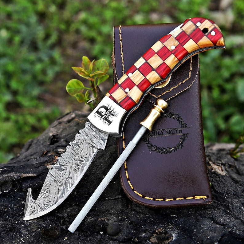 Personalized Handmade Damascus Pocket Knife, Camping gift for Husband, Groomsmen Gifts Anniversary Gift for Him, Dad, Custom Men Gifts