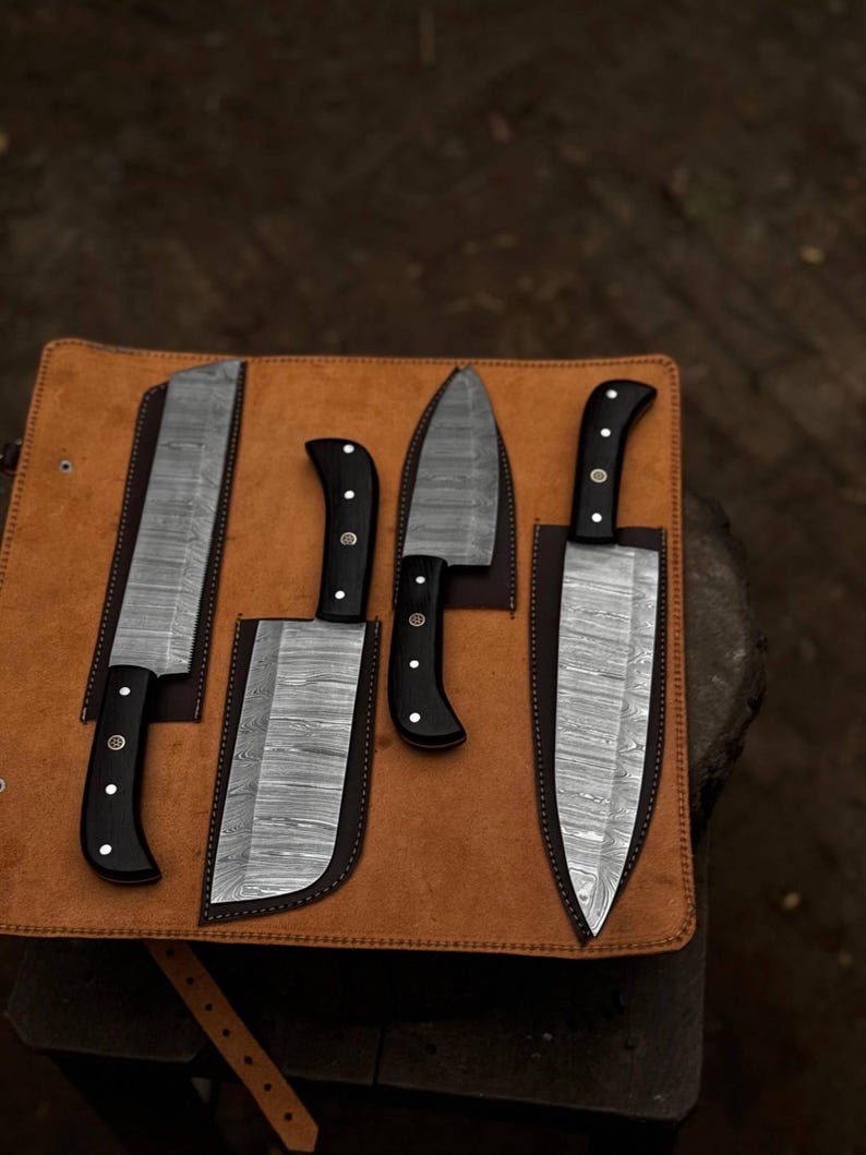 Handmade Damascus Steel Kitchen Knife Set, Wenge Wood Handles, 4-Piece Chef Bread Knives