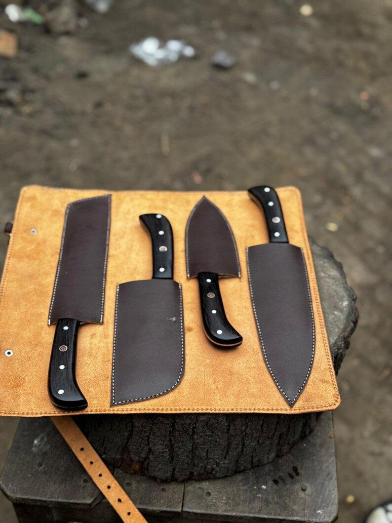 Handmade Damascus Steel Kitchen Knife Set, Wenge Wood Handles, 4-Piece Chef Bread Knives