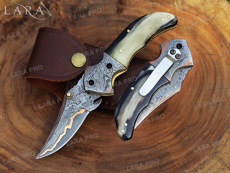 Handmade Copper Damascus Folding Pocket Knife | Ram Horn Handle - Anniversary & Christmas Gift for Him