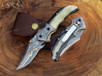 Handmade Copper Damascus Folding Pocket Knife | Ram Horn Handle - Anniversary & Christmas Gift for Him