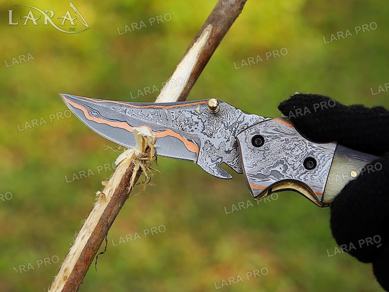 Handmade Copper Damascus Folding Pocket Knife | Ram Horn Handle - Anniversary & Christmas Gift for Him