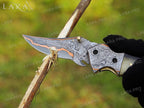 Handmade Copper Damascus Folding Pocket Knife | Ram Horn Handle - Anniversary & Christmas Gift for Him