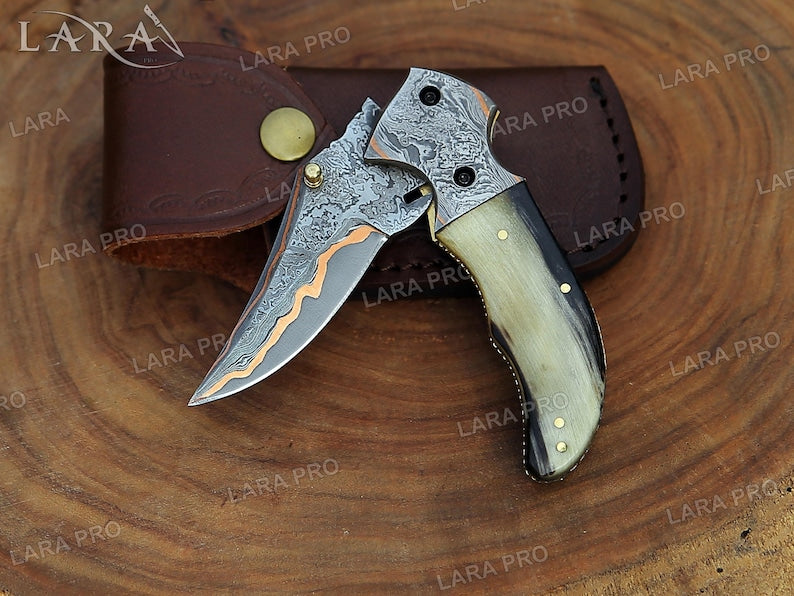 Handmade Copper Damascus Folding Pocket Knife | Ram Horn Handle - Anniversary & Christmas Gift for Him