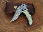 Handmade Copper Damascus Folding Pocket Knife | Ram Horn Handle - Anniversary & Christmas Gift for Him