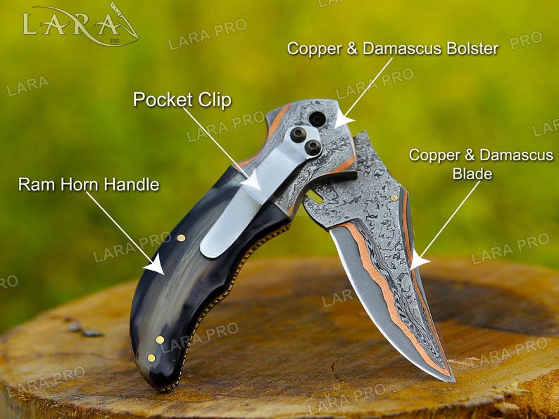 Handmade Copper Damascus Folding Pocket Knife | Ram Horn Handle - Anniversary & Christmas Gift for Him