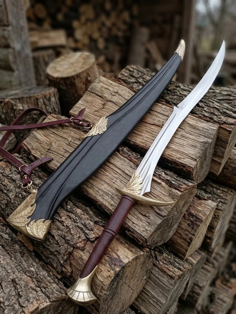 Handmade Black Leaf Fantasy Sword with Scabbard, Elven Display Piece