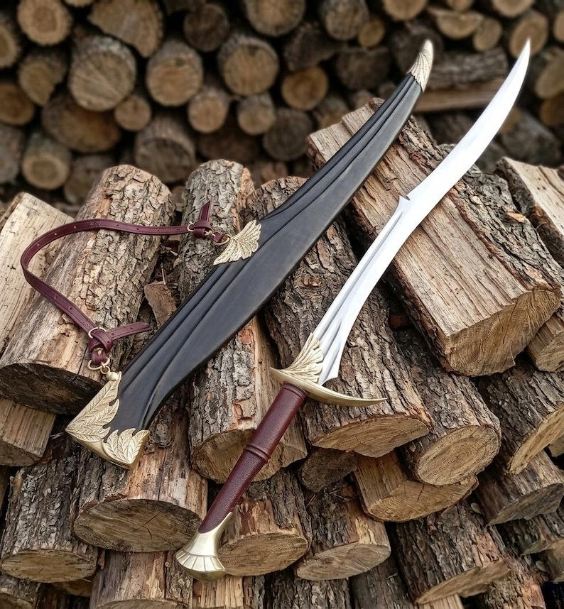 Handmade Black Leaf Fantasy Sword with Scabbard, Elven Display Piece
