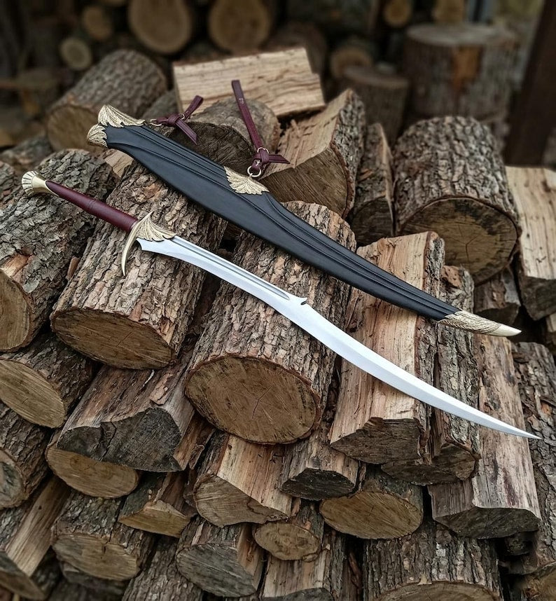Handmade Black Leaf Fantasy Sword with Scabbard, Elven Display Piece