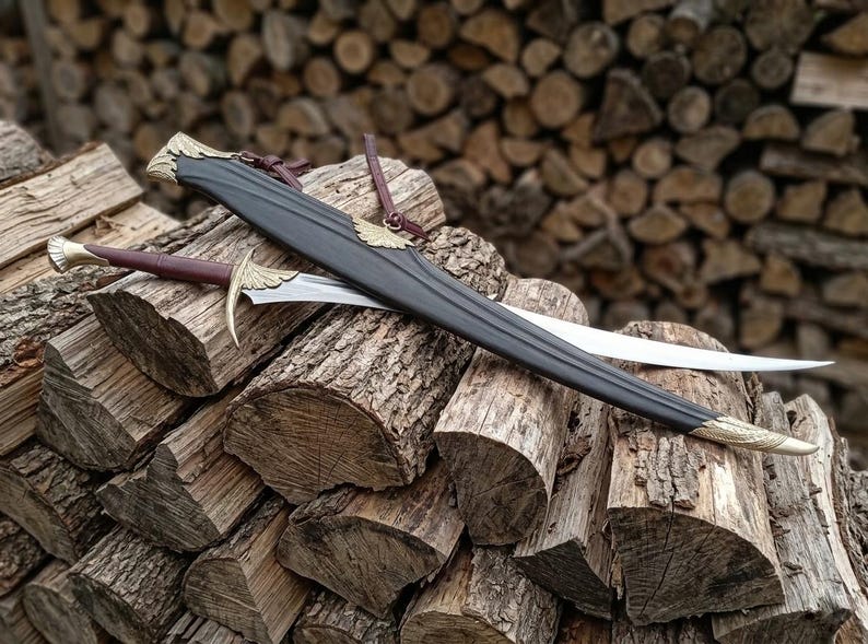 Handmade Black Leaf Fantasy Sword with Scabbard, Elven Display Piece