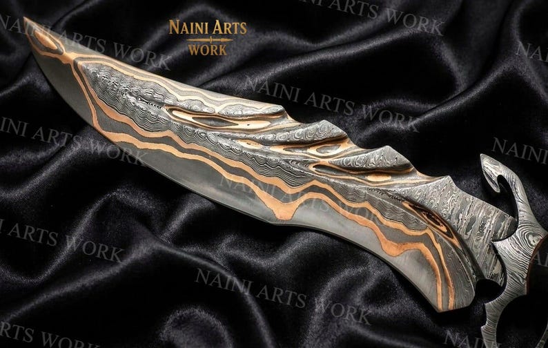 Copper Damascus Bowie Knife – Handmade Hunting Blade with Blood Groove | Luxury Gift for Men