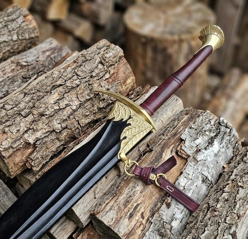 Handmade Black Leaf Fantasy Sword with Scabbard, Elven Display Piece