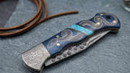 Handmade Damascus Pocket Knife | Blue Wood + Turquoise Handle | Snake Engraving | EDC Folding Knife | Gift For Him | Collector Knife
