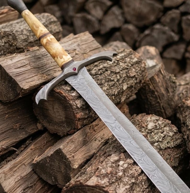 Hand-Forged Damascus Sword, Engraved Bone Handle, Medieval Fantasy Collectible