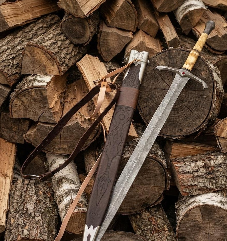 Hand-Forged Damascus Sword, Engraved Bone Handle, Medieval Fantasy Collectible