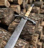 Hand-Forged Damascus Sword, Engraved Bone Handle, Medieval Fantasy Collectible