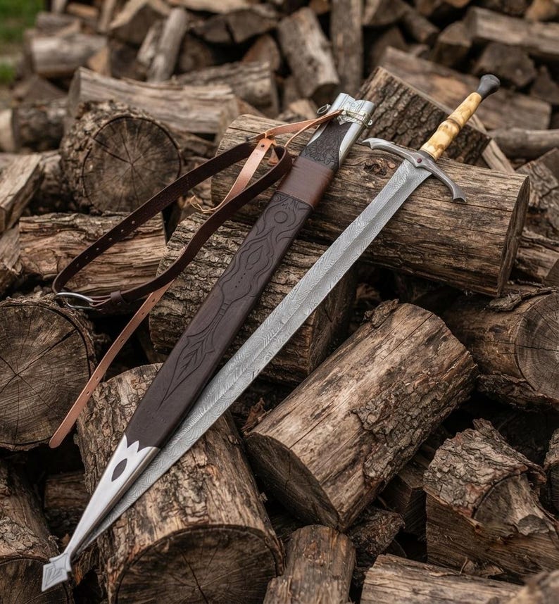 Hand-Forged Damascus Sword, Engraved Bone Handle, Medieval Fantasy Collectible