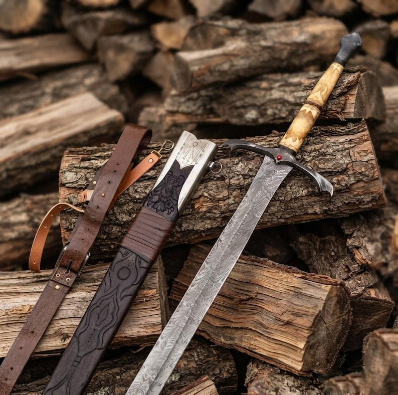 Hand-Forged Damascus Sword, Engraved Bone Handle, Medieval Fantasy Collectible