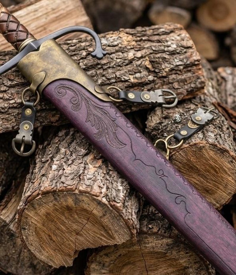 Hand Forged European Sword – Damascus Steel Engraved Scabbard, Medieval Collector’s Blade