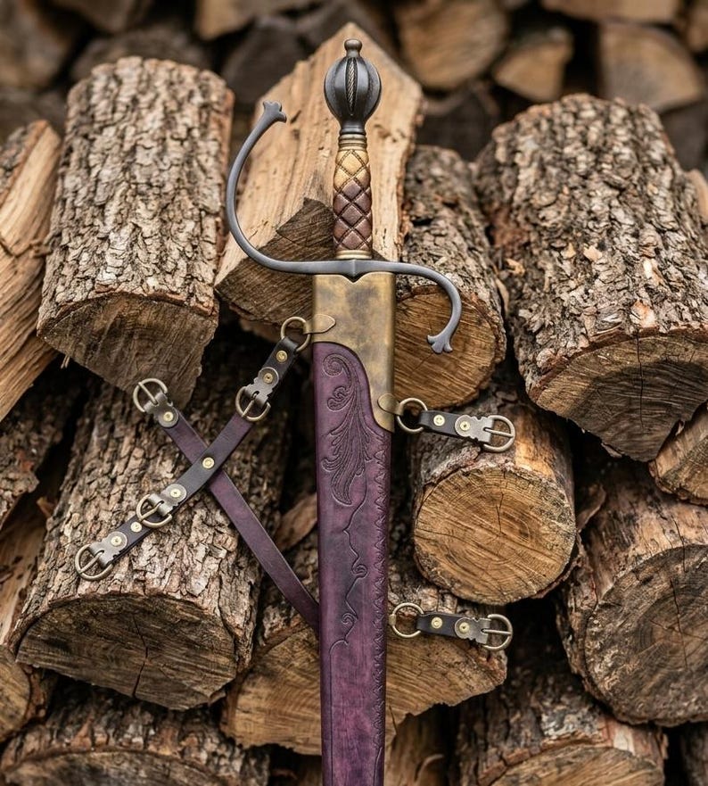 Hand Forged European Sword – Damascus Steel Engraved Scabbard, Medieval Collector’s Blade