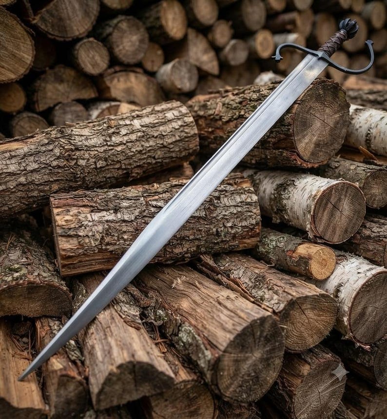 Hand Forged European Sword – Damascus Steel Engraved Scabbard, Medieval Collector’s Blade