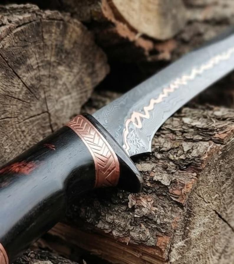 Handmade Copper Damascus Elven Sword, Rosewood Handle, Leather Sheath, Display Piece