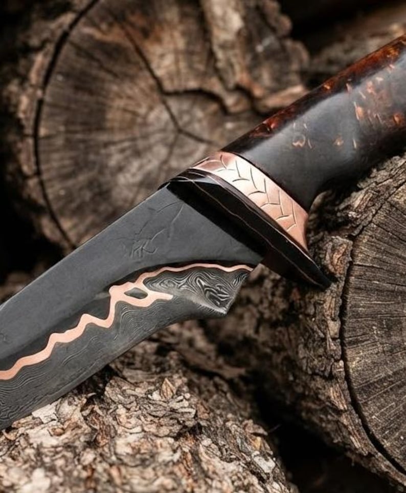 Handmade Copper Damascus Elven Sword, Rosewood Handle, Leather Sheath, Display Piece