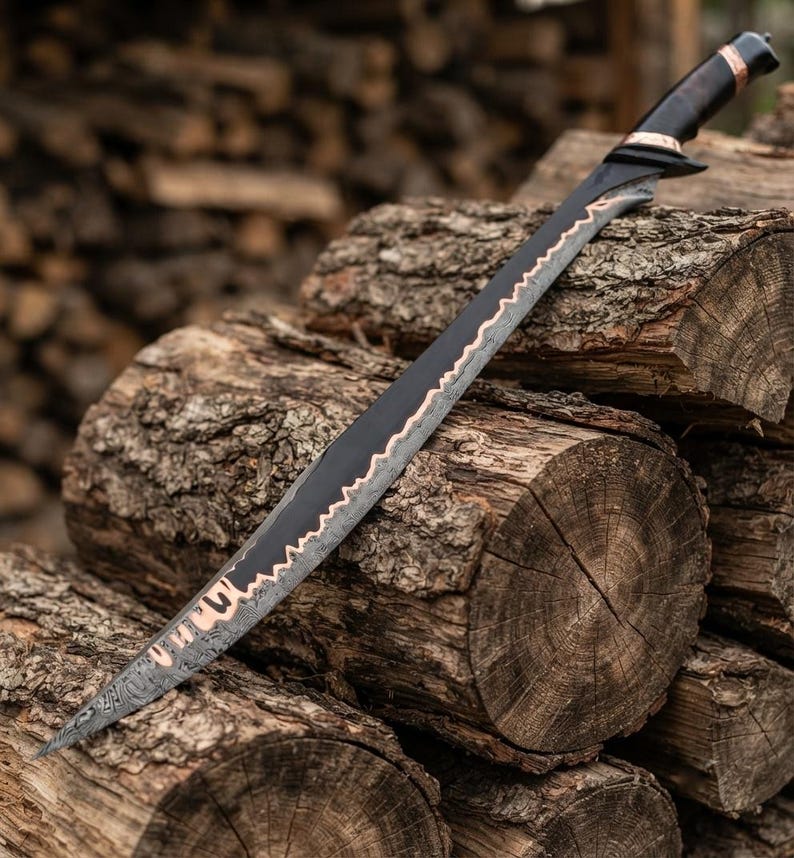 Handmade Copper Damascus Elven Sword, Rosewood Handle, Leather Sheath, Display Piece