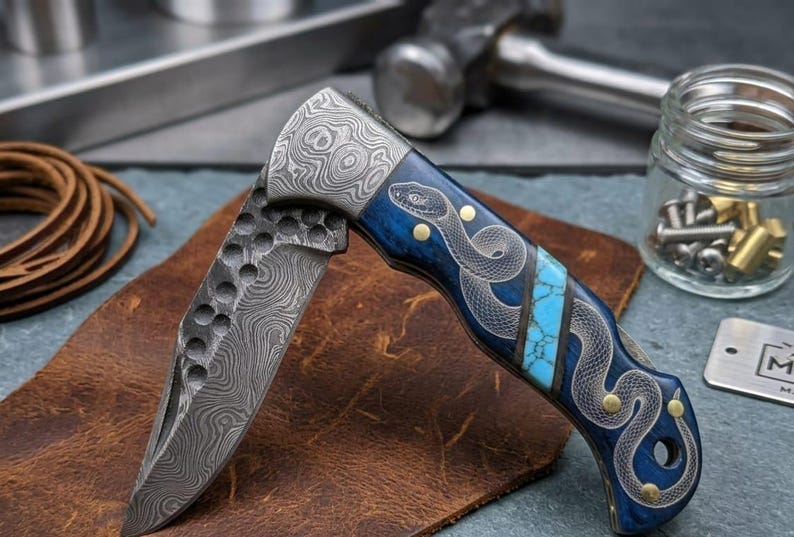 Handmade Damascus Pocket Knife | Blue Wood + Turquoise Handle | Snake Engraving | EDC Folding Knife | Gift For Him | Collector Knife