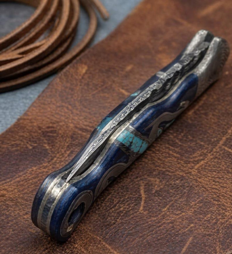 Handmade Damascus Pocket Knife | Blue Wood + Turquoise Handle | Snake Engraving | EDC Folding Knife | Gift For Him | Collector Knife