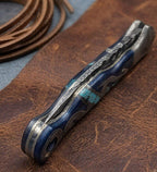 Handmade Damascus Pocket Knife | Blue Wood + Turquoise Handle | Snake Engraving | EDC Folding Knife | Gift For Him | Collector Knife