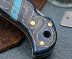 Handmade Damascus Pocket Knife | Blue Wood + Turquoise Handle | Snake Engraving | EDC Folding Knife | Gift For Him | Collector Knife