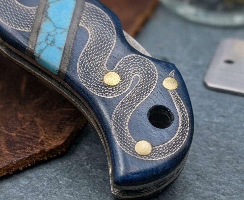 Handmade Damascus Pocket Knife | Blue Wood + Turquoise Handle | Snake Engraving | EDC Folding Knife | Gift For Him | Collector Knife