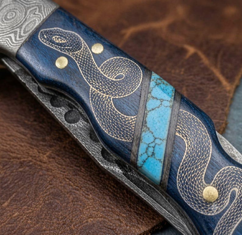 Handmade Damascus Pocket Knife | Blue Wood + Turquoise Handle | Snake Engraving | EDC Folding Knife | Gift For Him | Collector Knife