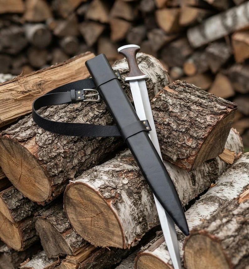 Handmade High Carbon Steel Medieval Short Sword with Leather Scabbard, Viking Replica Collector Piece