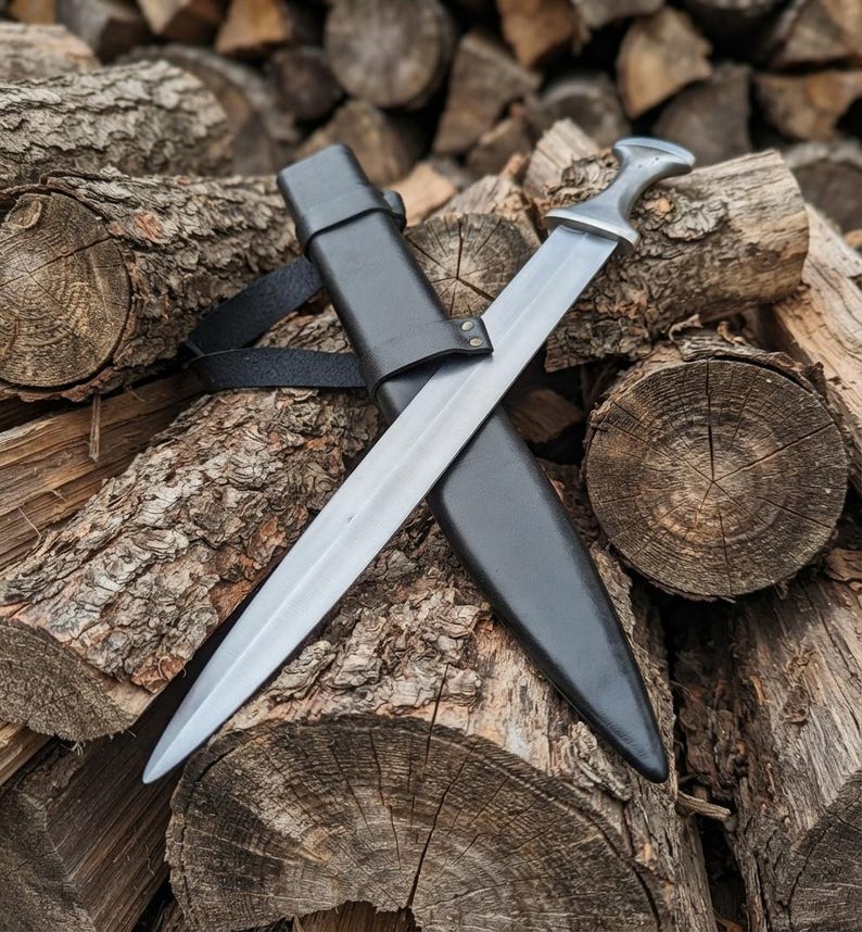 Handmade High Carbon Steel Medieval Short Sword with Leather Scabbard, Viking Replica Collector Piece
